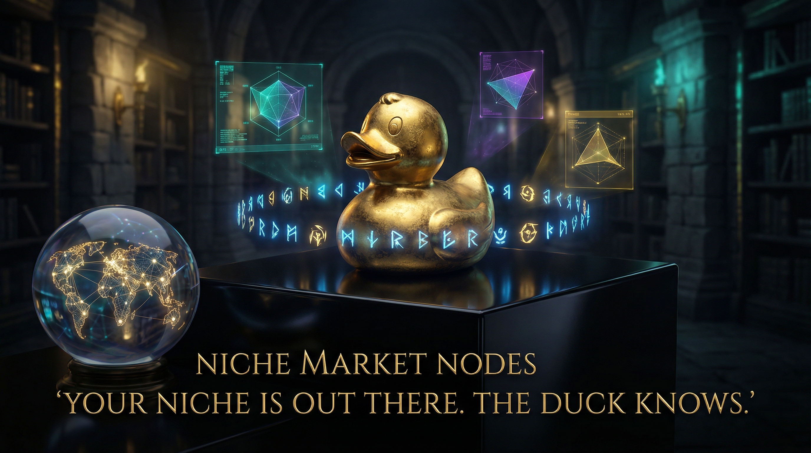 The Oracle Duck — intelligence oracle, surrounded by data
